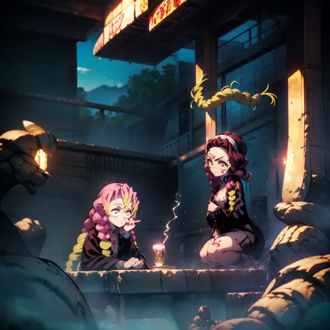 night, cyberpunk city, crouching by the side of the road, 1girl,MitsuriKanroji，(solo,full body, rebecca, yellow eye, mechanical eye, red sclera, twintails, leg tattoo, colored skin, tattoo, petite, black hairband, green hair, neck tattoo, small breasts, he...