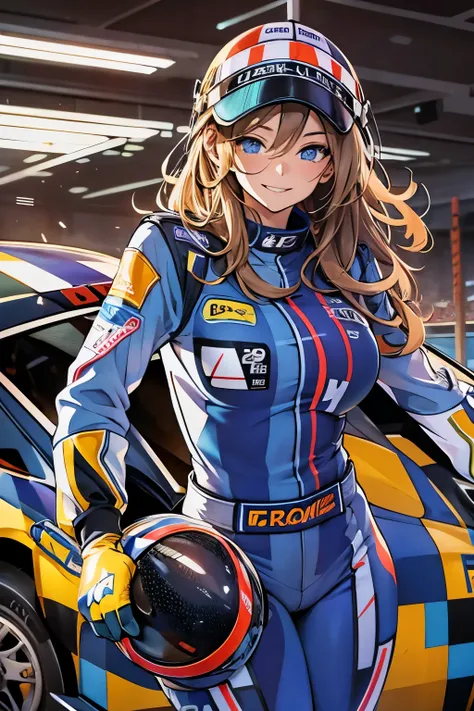 (best quality,highres),tess darret,pole position,holding a race helmet in hands,standing inside of her race car,smiling,anime st...