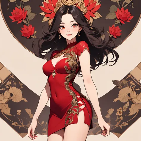 poster, (masterpiece, best quality),Black Hair(rich and colorful),(Stunning details,Detailed background),Standing front，Keep your legs together，Anatomically correct,Precision drawing,Detailed view,Luxury, girl lotus pose:1.6, lotus po station:1.6, (Red sho...