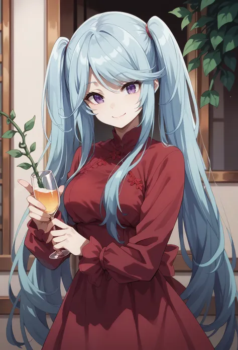 1girl,long hair,blue hair,purple eyes,twintails,red dress,clavage,holding vine glass,smile,pride