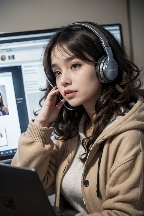 photo up close, A woman wearing headphones participating in a video call, company meeting, normal body at 35 years old, curly hair, brown skin, 1 woman working from home, working remotely, ugly clothes, making it cold, hooded cloak, home office in the back...