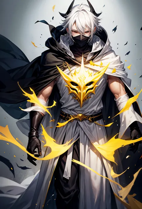 solo male, white robes, Wizard robe, Yellow eyes, black pants, black gloves, (Face full mask), White hair, mask face, fantasy