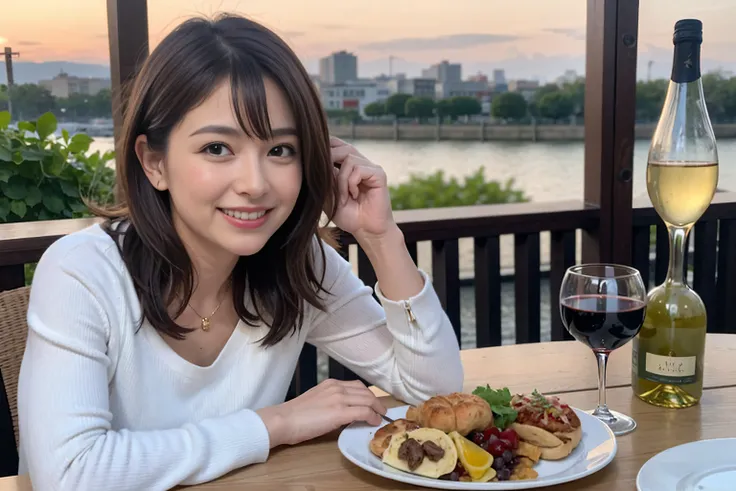 （Realistic:1.1）,(masterpiece,Highest quality)，8k,(49 years old), 53 years old, slimカップル、Tight waist,Upper Body,full-course dinner、wine 、Amazing view of the sunset sky and clouds、Perfect Anatomy, Brown Hair, short hair,Random Hairstyles,((Highly detailed fa...