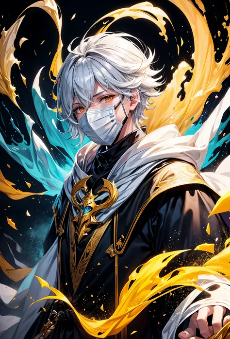 solo male, white robes, Wizard robe, Yellow eyes, black pants, black gloves, (Face full mask), White hair, mask face, fantasy