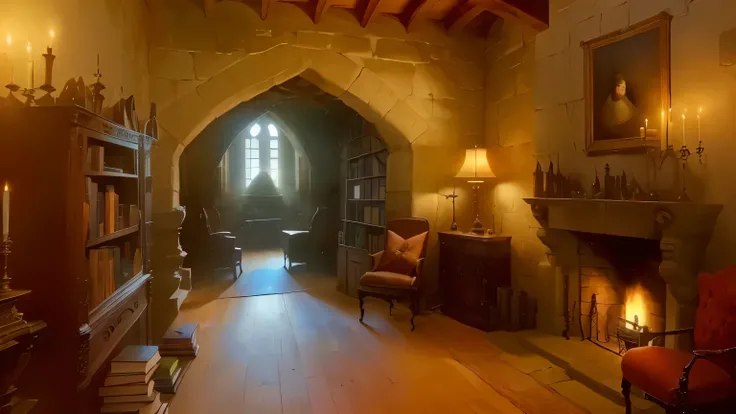 a pretty catle room full of medieval castle objects, a fireplace, book shelf, cahirs, a window in winter, fantasy castle, high resolution