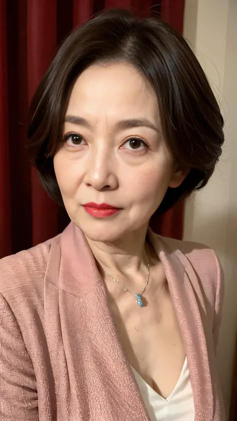 Masterpiece, Beautiful finish, Beautiful mature woman、63-year-old woman、Face close-up,Red lips, Thin lips, formal, brooch, Light from the front
