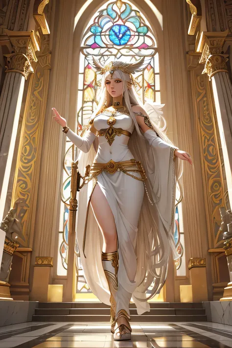 A long white-haired Valkyrie stands gracefully in a magnificent temple, surrounded by divine statues and intricate carvings. The temple is bathed in sunlight, streaming through stained glass windows, casting colorful patterns on the marble floor. She is in...