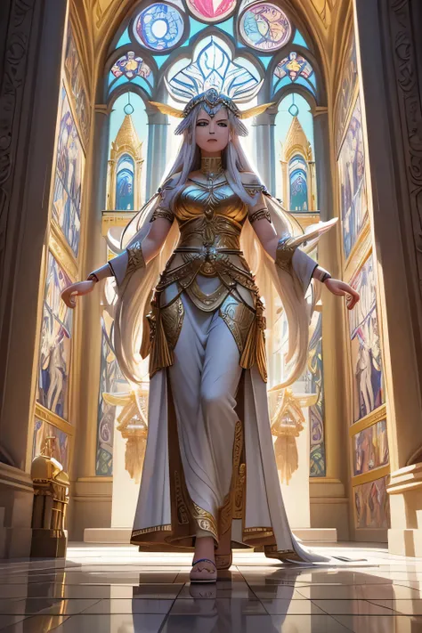 a long white-haired valkyrie stands gracefully in a magnificent temple, surrounded by divine statues and intricate carvings. the...