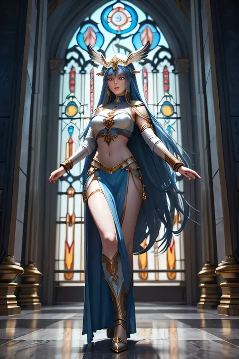 a long blue-haired valkyrie stands gracefully in a magnificent temple, illuminated by the soft glow of moonlight filtering throu...