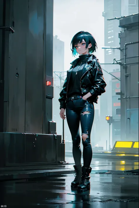 1 girl, short teal hair, silver eyes, black leather jacket, ripped jeans, combat boots, standing in a cyberpunk cityscape with neon lights, rain falling, standing on path, (best quality,4k,8k,highres,masterpiece:1.2),ultra-detailed,(realistic,photorealisti...