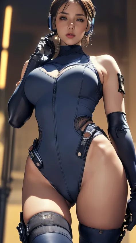 (A woman),(((A female member of the Future Force rides a motorcycle))),((Navy Tactical high leg bodysuit:1.5)),((earphone:1.5)),((Tactical Holster:1.5)),(Gloves:1.5),(Serious:1.5),(Super short hair:1.5),(bionde:1.5),(beautiful eyes:1.3),(Very detailedな顔:1....