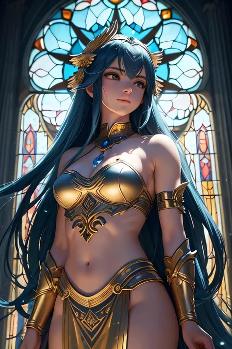 a long blue-haired valkyrie stands gracefully in a magnificent temple, illuminated by the soft glow of moonlight filtering throu...