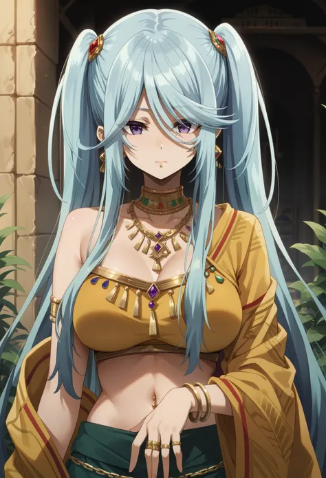 1girl,long hair,blue hair,purple eyes,twintails,,big breast,tall woman,full display of temple jewelry, a pair of earrings, neckl...