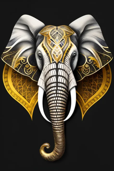 Create an image that showcases a stylized rendition of an Elephants face, characterized by vibrant gold and silver hues. The dark black background serves as a stark contrast, enabling the intricate details of the Elephants face to stand out. The design boa...