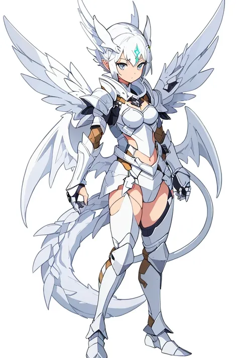 ((( white female knight armor))) dynamic pose,  white hair, white_accesories, , white eyes, long hair, (((white background))).full body, High resolution,  best quality, ,  several pairs of white wings,  white female knight armor,  (((white demon wings in t...