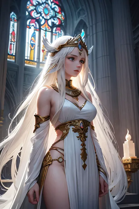 A long WHITE-haired Valkyrie stands gracefully in a magnificent temple, illuminated by the soft glow of moonlight filtering through stained glass windows. The temple is bathed in a mystical light, with shadows dancing on the marble floor. She is in deep co...