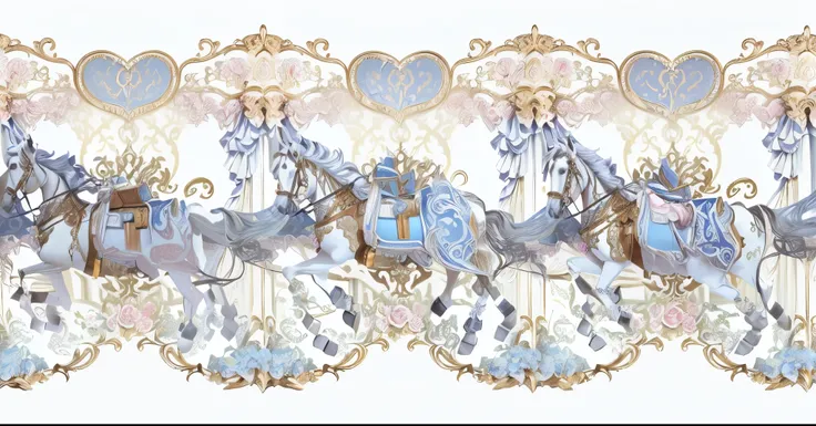 Close-up of a horse and a carriage in line, Carousel, Rococo elements, The fusion of Rococo and Art Nouveau, ivory rococo, Victorian Era, Rococo decoration, antique, Rococo Baroque, made in illustrator, Colorful illustrations, Vignette, baroque and Rococo ...