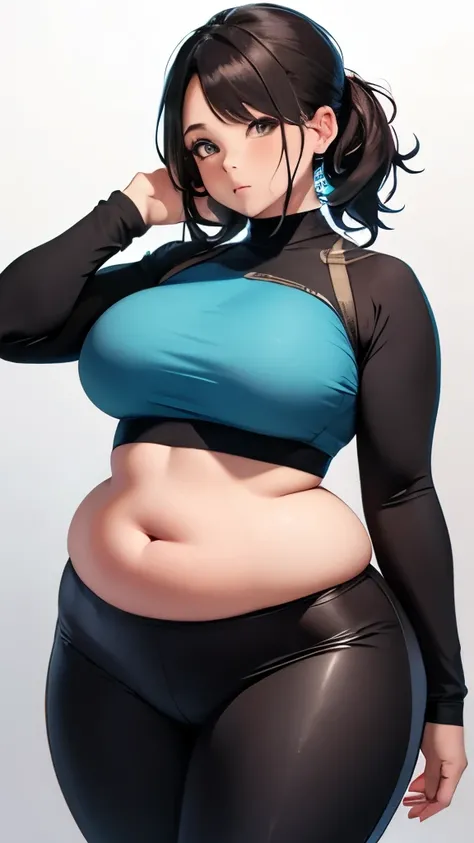 Fat and woman woman, wearing a crop top and leggings 