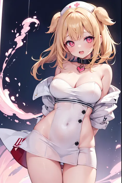 One girl、A little sexy、shiny blonde hair, Bobcut,Curly Hair、Dog ears、Red sparkling eyes、detailed cute eyes,(glowing eyes:1.4),laugh heartily,((Droopy eyes))、22 years old,nurses outfit,posing,skinny body shape,short of a person,heart shaped pupils,smiling,o...