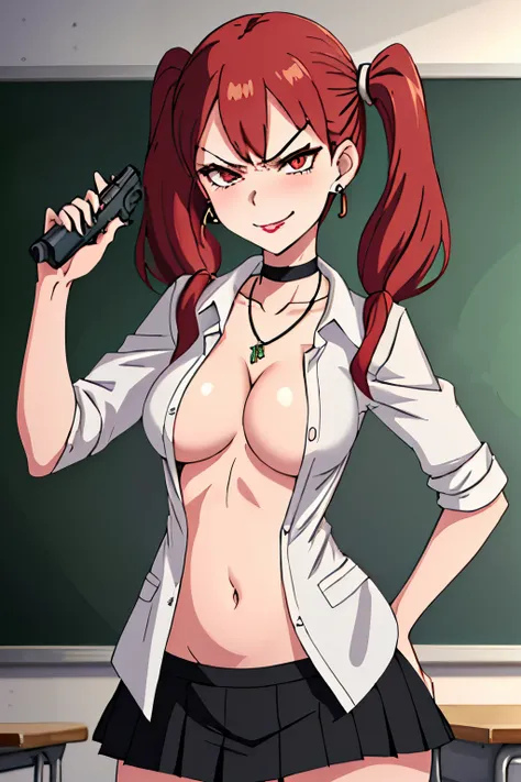  {sarina_shizukume_mahoushoujosite:1.15}, red_hair, twintails, red_eyes, long_hair, anime_coloring, brown_eyes,medium breast, choker, necklace, lipstick, blush, Hot girls, baddie, staring, glaring, bad attitude, mean girl, crazy, smoking, sensual, attracti...