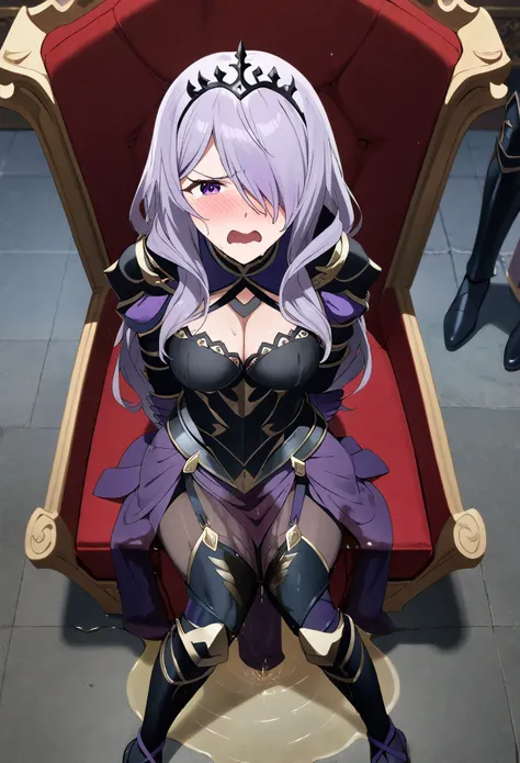 (high quality,Very detailed:1.37, High resolution), Woman, defCm, hair over one eye, black tiara, purple capelet, black armor, cleavage, gauntlets, gloves, armored legwear, armored leggings, see-through, masterpiece, best quality, (wetting herself:2.0), em...