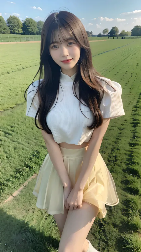 Chinese Girl、17 year old girl、Long hair、Bangs、Brown eyes、Perfect body、transparency、luster、Large Breasts、tight skirt，Cute face，Full figure，Seductive Stance，Rural，wall，Crop fields，dance，Carve idol poses、sock、Standing，Beautiful Feet，Long legs、whole body、panor...