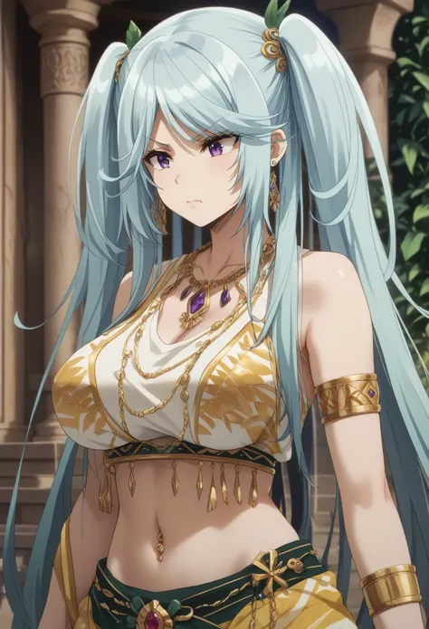 1girl,long hair,blue hair,purple eyes,twintails,,big breast,tall woman,full display of temple jewelry, a pair of earrings, neckl...