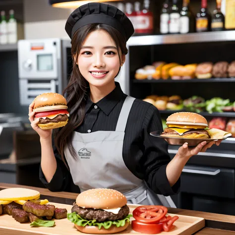 (tabletop、highest quality、8k、award-winning works、ultra-high resolution)、beautiful burger shop attendant、(gray polyester shirt:1....