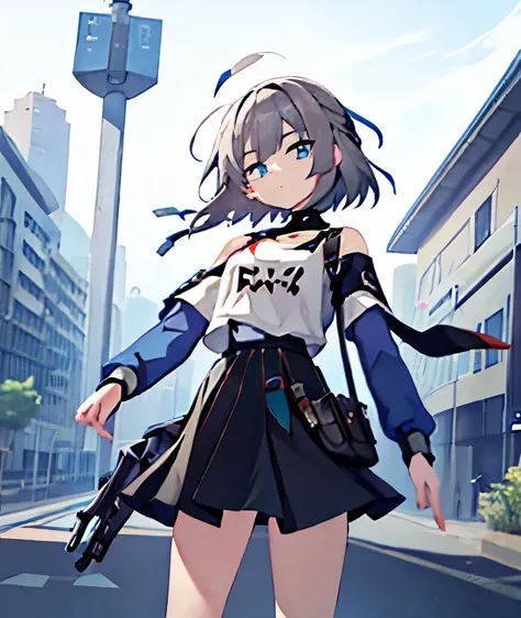 1 person、short hair、About the height of a middle school student、girl、cute、black t-shirts、Black Skirt、Gray Hair、Green Eyes、He has a gun、Hold with both hands