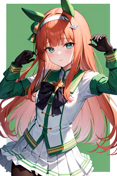 aasuzuka, long hair, animal ears, ear covers, white hairband, horse tail, green sailor collar, black bow, white shirt, layered sleeves, green sleeves, black gloves, white skirt, black pantyhose,