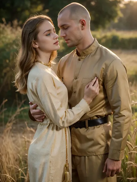 Front view, 1941 years, June, WW 2, (( looking each other face to face)),, (Russian 1 boy and Russian 1 girl is existence), be drafted into the army, (couple is love), standing, ((couple is hug, face to face)), girl is crying tear drop, The setting is a r...