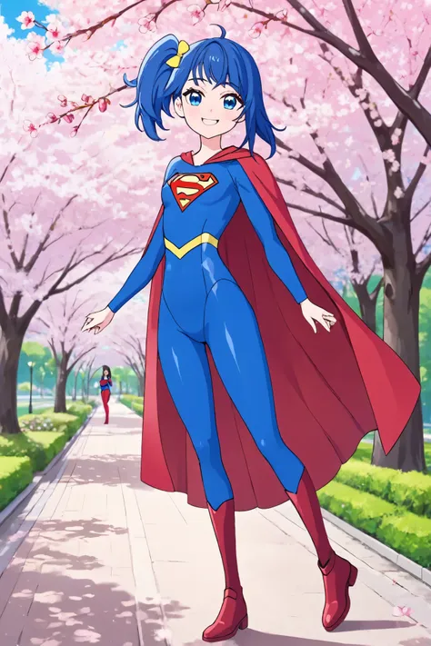 masterpiece, best quality:1.2), 1girl, smile, looking at viewer, blue eyes, ahoge, hair bow, side ponytail, wearing superwoman costume, dressed as superwoman, full bodysuit, blue catsuit, red cloak cape, sora harewataru, standing in park under cherry bloss...