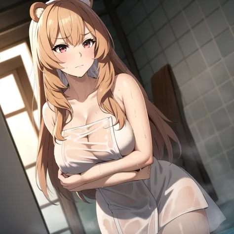 Raphtalia. , bear ears, red eyes, big breasts, orange blonde hair, blonde,  embarrassed expression, shame red face, shy,, curves, slender, big breasts, (neckline) , (chest grip), (naked towel, ((see-through naked towel, naked towel))), , dynamic angle, of ...