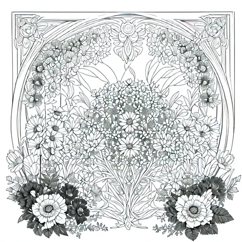 (Masterpiece, Monochromatic, Line Art, Black and White, High Contrast),(Delicate Details, Variety of Flowers: Roses, Daisies, Tulips),(Intricate Outlines, Suitable for Coloring),(Clean Lines, Well-Defined Shapes),(Structural Focus on Flowers and Leaves),(E...