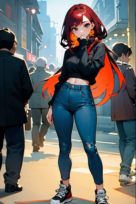 Masterpiece, 8k, a girl with straight, shoulder-length dark red hair and black eyes, in a contemporary outfit consisting of a soft grey sweater with subtle ice crystal patterns, high-waisted jeans, and white sneakers. The scene is set in a bustling street ...