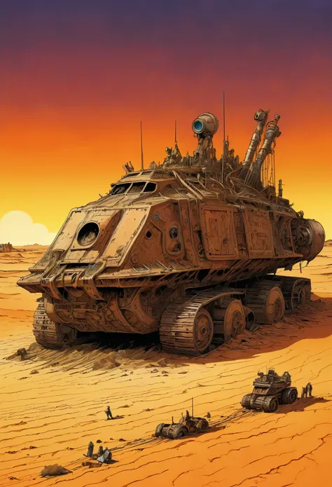 Enkibilar,Philippe Drouet,Moebius inspired French comic book art "A vast desert，Full of huge, Rusty war machines, Half buried in the sand, Sunset，Casts long shadows across the scene, Adds the eerie feeling of a long-forgotten battlefield", The contrast of ...