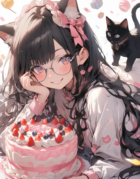 masterpiece、girl、Black Hair、Long Hair、((Cat ear))、smile、wearing glasses,(((Big Cake)))、Focus on the face,sweets background
