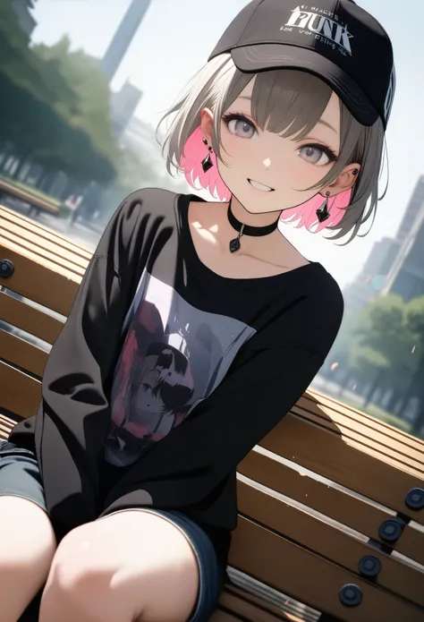 Very cute 15 year old girl, ((She has several silver earrings in her ears. A stylish black baseball cap. black choker、Black-based punk fashion))、(Ash hair color、Light pink inner color hairstyle、short hair、Hair expressed with a delicate touch), Beautiful Ha...