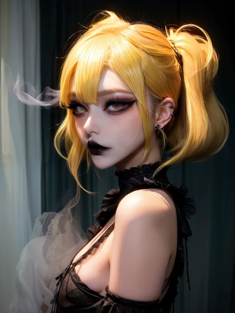 1girl, Goth girl,
Goth girl 1girl, black lips, goth makeup, eyeliner, mascara, smoky eyes, short hair, yellow hair, pigtails, blonde, lingerie, long sleeves, ruffle trim, facing viewer, looking at viewer