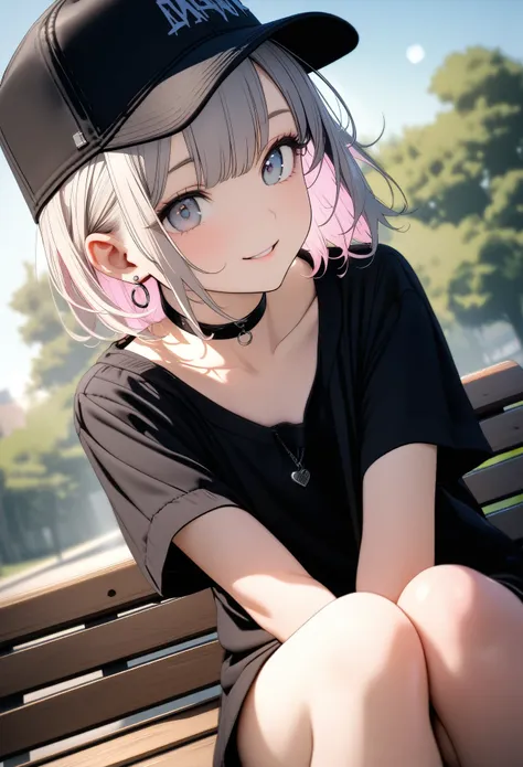 very cute 15 year old girl, ((she has several silver earrings in her ears. a stylish black baseball cap. black choker、black-base...