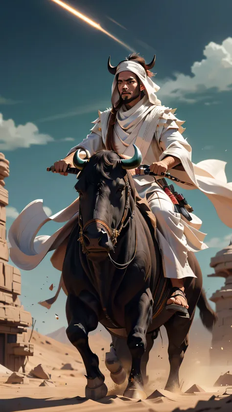 eastern nomad, warrior, general, white thawb, orange fez hat, (riding on a (big black buffalo)), spikes, spears, (masterpiece, best quality), (green eyes), (hyper realistic:1.6), ((detailed face)), ((award-winning)), (sharp), (8k resolution), (cinematic li...