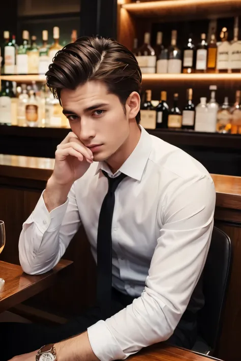 Handsome man in his early 20s、Handsome European man in his 20s、Like gay handsome guy、Please face forward、Male in his early 20s、Brown short hair，Black suit，White shirt，Man, beautiful jaw, suit, up set, sad, in bar with glass of whisky.