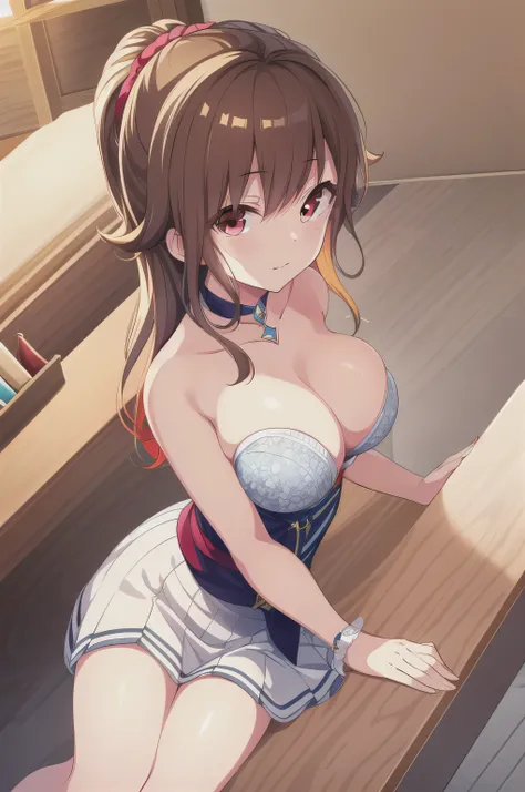 A girl，Long hair, bangs, Orange Hair, Hair between the eyes, (Red Eyes:1.5),  (Large Breasts:1.2), 
rest clavicle, White shirt, Pleated Skirt, mini skirt, bracelet, White skirt,cleveage，nipple，NUDE，
rest looking at viewer, whole body,
rest indoors, kitchen...