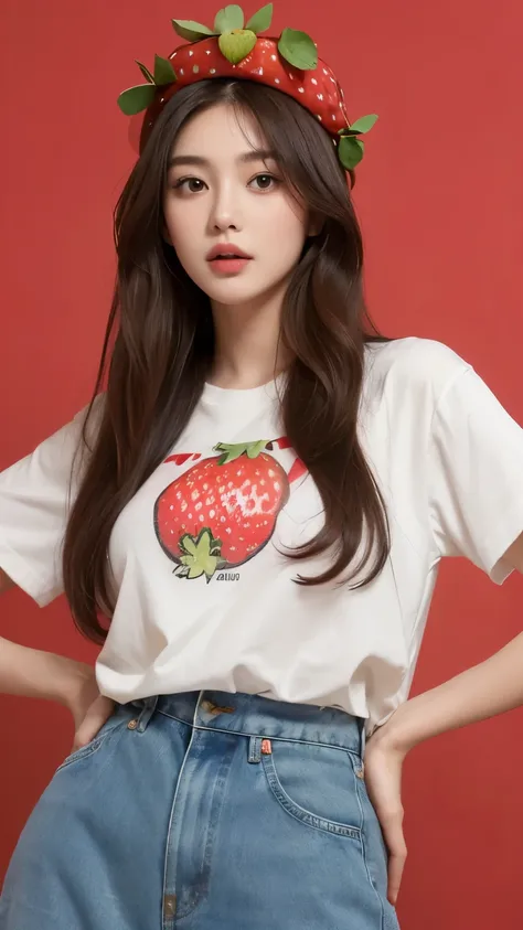 (Real, Highest quality, High resolution :1.3), One girl with a perfect body, Very beautiful face and eyes, Korean Beauty, Long hair with a perm, (Wearing a strawberry hat:1.2), Strawberry print t-shirt, High waist denim long skirt, Strike a Pose