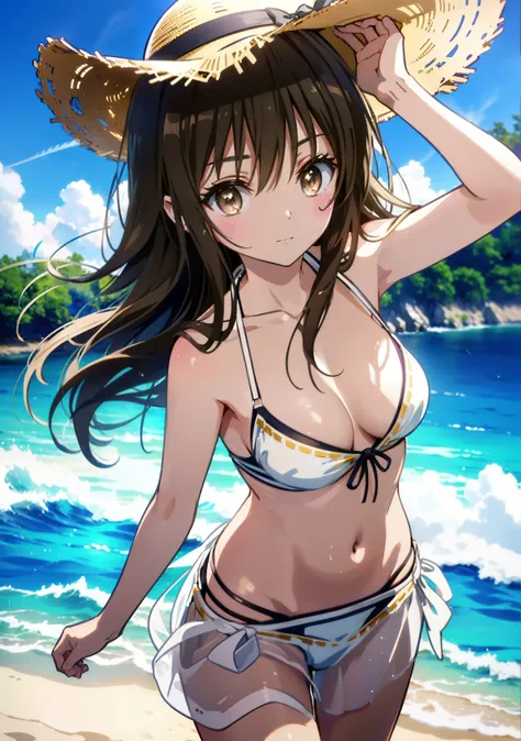 Yuikotegawa, yui kotegawa, Black Hair, (Brown eyes:1.5), Long Hair,Big Breasts,clavicle,smile,Straw hat,Bikini Swimwear,A long, thin piece of cloth wrapped around the waist,Belly button,abdomen, Dancer, gold belly Dancer,whole bodyがイラストに入るように,Strolling on ...