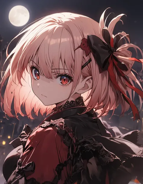 1girl, Chisato Nishikigi, kawaii girl, gothic lolita fashion with delicate lace, Red clothes, beautiful hair ornament, hair between eyes, serious face, upper body, (((hold a gun))), shoot a gun, Night, full Moon
