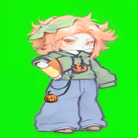 there is a drawing of a girl with a backpack and a pumpkin, holding a pudica pose, full body!, orange - haired anime boy, !!full body portrait!!, anime style character, full body adoptable, anime styled, long haired humanoid fursona, full body!!, chibi, in...