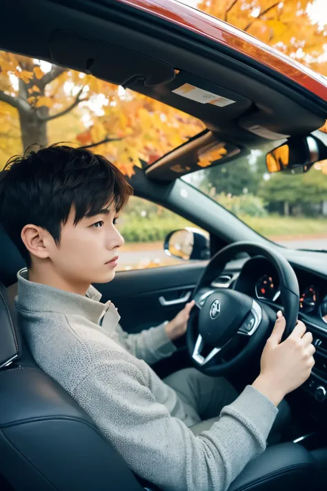 autumn、car、drive、autumn leaves、Young men and women、A young man is driving