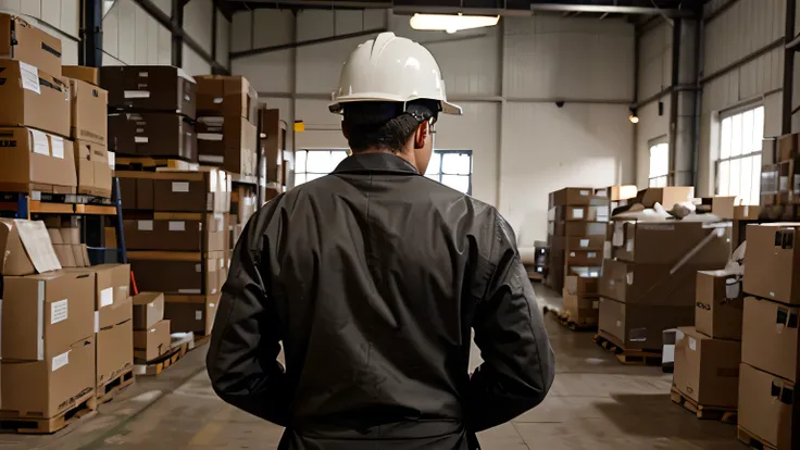 worker with his back turned, wearing a hard hat and an engineers suit, in a warehouse of electrical supplies.