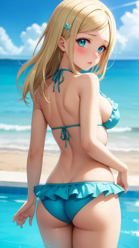 masterpiece, best quality, highly detailed, ultra high res, ayase arisa, 1girl, solo, hair ornament, long blonde hair, glossy lips, medium breasts, aqua eyes, blush, beach, frilly bikini, looking back at viewer, pool, (microskirt:0.8)